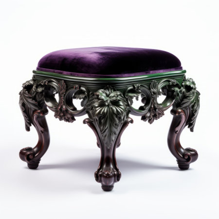 a victorian-inspired ebonized carved white wood footstool with purple velvet on top, showcasing naturalistic shadows. this exquisite piece, reminiscent of rococo extravagance, is captured in a high-quality photo that highlights the meticulous design. created by renowned artists grzegorz domaradzki and stephen shortridge, this footstool exudes elegance and sophistication with its dark green accents. ai generatedの素材