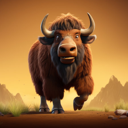a cartoon-sized bull with horns is depicted running in a field, showcasing a matte painting style. the artwork features realistic landscapes with soft edges, reminiscent of 2d game art. the strong facial expression of the bull adds depth to the image, while the warm color palettes draw inspiration from himalayan art. ai generatedの素材