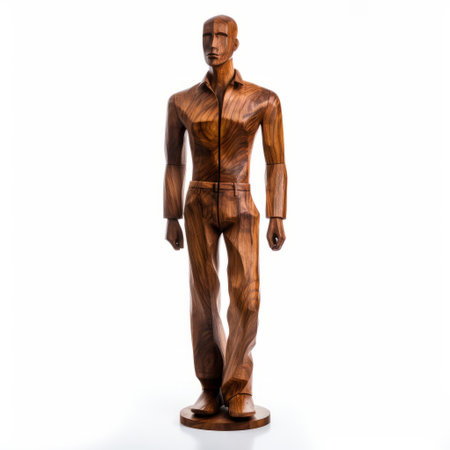 a wooden sculpture of a stylish, slender man wearing a suit, reminiscent of the artistic styles of elizabeth catlett, jay anacleto, and charles white. the sculpture features isolated figures in a transparent/translucent medium. ai generatedの素材