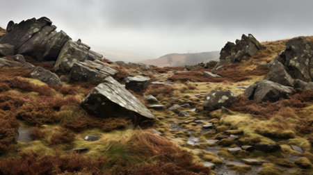 rugged landscape featuring large boulders in the distance, showcasing a mountain top. this photo captures the essence of atmospheric woodland imagery with the use of the orton effect. it draws inspiration from traditional british landscapes, depicting inclement weather. created by mike campau, the image is enveloped in mist, with a color palette dominated by light maroon and gray tones. ai generatedの素材