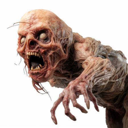 a creepy zombie, captured in a hyper-detailed rendering, walks away on an untextured background. this photo, taken by ben wooten with a canon eos 5d mark iv, showcases the exaggerated facial features and sculptural grotesqueries of the bombacore style. associated press photo. ai generatedの素材