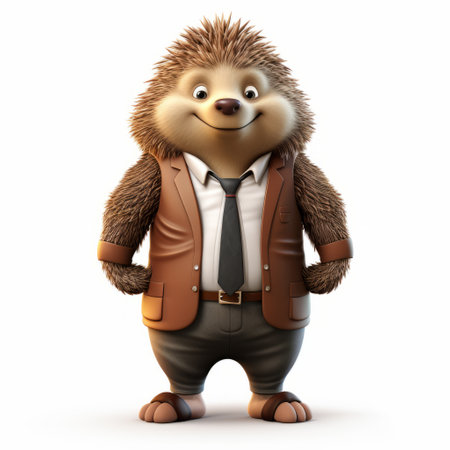 a 3d image of a hedgehog cartoon character in a stylish costume design. this hyper-detailed and realistic rendering showcases the photorealistic quality of the image. the 3d clipart elfsfoto captures the essence of the animated film pioneer with its happycore vibes. this handsome and ultra-high-definition image is a visual treat. ai generatedの素材