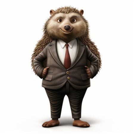 3d rendering of a business hedge character, portrayed as a hyperrealistic wildlife portrait. this royalty-free illustration features a businessman on a white background, wearing a detailed costume inspired by forestpunk. the hyper-realistic animal illustration showcases a brown color palette, stark realism, and saturated tones. ai generatedの素材