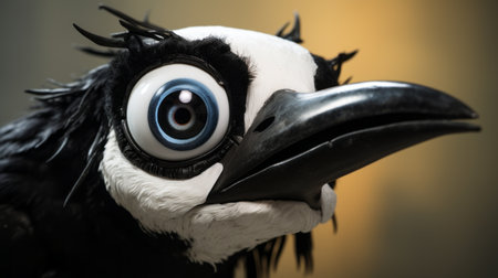 a lifelike 3d character of a magpie with comical bulging eyes is depicted in this hyper-realistic sci-fi style photo. inspired by the barbizon school, the magpie's intense emotions and subtle expressions are captured, while felt creations and overexposure techniques add texture and depth to the image. ai generatedの素材