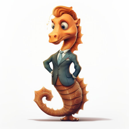 a charming seahorse cartoon character, dressed in a suit and tie, is depicted in this hyper-realistic illustration. the dragoncore and dinocore influences are evident in the sculpted forms and intricate details. the light orange and light brown color palette adds to the overall appeal of this editorial-style artwork. ai generatedの素材