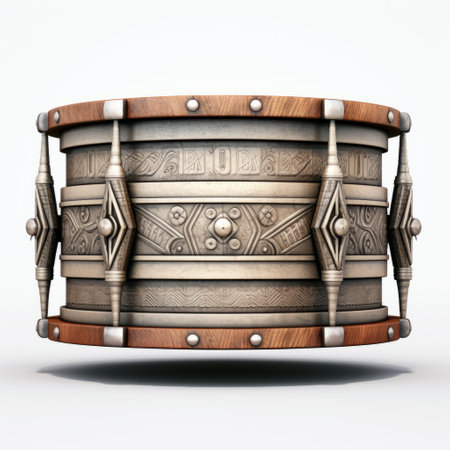 a tam tam drum, featuring a metal frame with an ornamental surface, is showcased in this realistic hyper-detailed rendering. the design draws inspiration from the secessionist style, incorporating carved wood blocks and mechanized precision. with a chromepunk aesthetic, the drum exhibits a captivating combination of light gray and bronze tones, reminiscent of maori art. ai generatedの素材