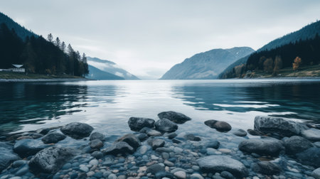 a serene and introspective photo capturing an area of water nestled amidst majestic mountains. the calming and inspirational aesthetic is enhanced by the soothing shades of gray and aquamarine. shot on fujifilm eterna vivid 500t, the image showcases a swiss-style atmosphere with dappled lighting and a serene atmospheric perspective. ai generatedの素材