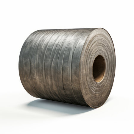 a 3d shot of a roll of grey banding, showcasing contemporary metallurgy style with a patinated and oxidized appearance. the composite construction of this rubber banding is captured through a wide-angle lens, emphasizing its monumental scale. the unique material composition of cardboard adds an intriguing element to this visually striking image. ai generatedの素材