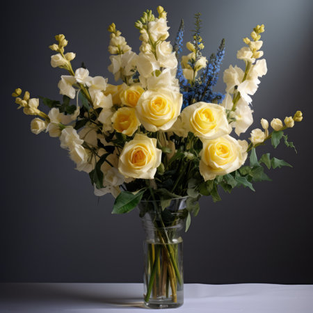 a big bouquet of fresh flowers, in the style of peter holme iii, adorns a table. the bouquet features light yellow and light indigo blooms, creating a visually striking contrast. this associated press photo, captured by mark lovett, showcases the realistic yet romantic essence of the arrangement. the composition is simple yet elegant, reflecting the artistic touch of fatima ronquillo. ai generatedの素材