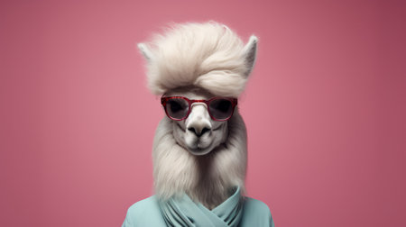 a large llama wearing sunglasses poses confidently on a vibrant pink background. this fashion-inspired portrait, created using zbrush, showcases the llama's unique style. the portraitist extraordinaire captures the llama's essence with hyper-realistic details, while the light cyan and red color scheme adds a bold touch. the llama's look embodies the edgy poodlepunk aesthetic, with minimal retouching for an authentic feel. ai generatedの素材
