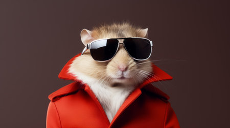 a hamster wearing sunglasses and a fur coat exudes an intriguingly taboo, red and amber, smooth and polished, jazzy, fashionable flair. this corporate punk-inspired photo, taken with provia, captures the hamster's handsome and stylish persona. ai generatedの素材