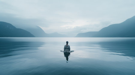 a person stands on the rocks, surrounded by a vast body of water. behind them, majestic mountains rise high, creating a breathtaking backdrop. this serene scene, captured in the style of zen minimalism by erik johansson, features a color palette of dark gray and light aquamarine. the image evokes a sense of spiritual core and emotional sensitivity. it is an installation-based artwork, seemingly made ofの素材