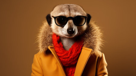 a meerkat wearing sunglasses poses against a brown background in this fashion photography-inspired image. the warm tones of red and amber add a touch of vibrancy to the shot. the photo captures the essence of street fashion with its calculated yet candid portrayal of this fantastic creature. ai generatedの素材