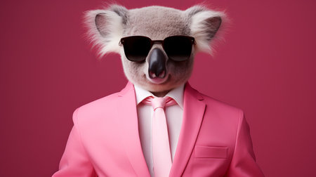 a koala wearing stylish glasses and dressed in a pink suit poses for a conceptual portraiture photo. the image captures the essence of australian tonalism and monochromatic intensity, while also incorporating elements of corporate punk and elegantly formal attire. the 1960s-inspired aesthetic adds a touch of nostalgia, while the heatwave backdrop adds a unique atmosphere to the composition. ai generatedの素材