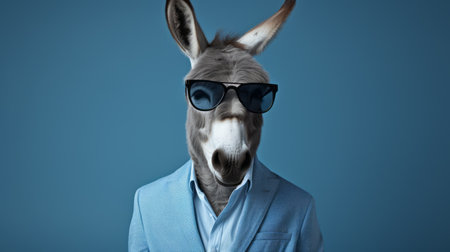 a donkey wearing sunglasses is depicted in this stock image illustration, created in the style of adrian donoghue. the artwork captures elements of identity politics, unpolished authenticity, and elegantly formal aesthetics. the color palette consists of shades of gray and blue, while the composition reflects the influence of social media portraiture. ai generatedの素材