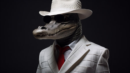 a man in a white suit with an alligator head poses for a photograph. this photorealistic composition showcases a jazzy and fashionable flair. the portraitures are photographically detailed, reminiscent of the styles of tyko sallinen, dinopunk, richard gerstl, and hip-hop fashion. ai generatedの素材