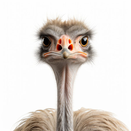 the ostrich, a wild bird captured in the style of john wilhelm, showcases explosive pigmentation and is portrayed in soft-focus portraits against a white background. this national geographic photo captures the vibrant orange and beige hues of the ostrich, highlighting its lively facial expressions. ai generatedの素材