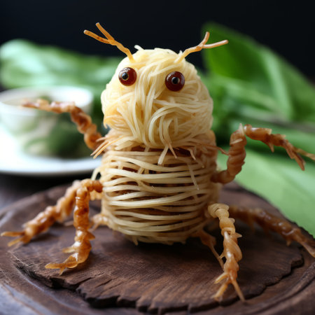 a large bowl of noodles with insects, noodles, and coffee is captured in this photo. the composition resembles adorable toy sculptures, reminiscent of the styles of flora borsi, iris van herpen, and gareth pugh. the image exudes a sense of raw vulnerability and primitivist frenzy, making it a captivating contest winner. ai generatedの素材
