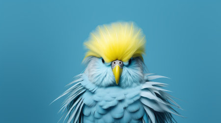 a blue parrot with yellow hair poses on a blue background, showcasing a fashion photography style. this unique portrait captures the essence of pigeoncore and furry art, with minimal retouching. the emotionally charged expression and explosive wildlife vibes make this image truly captivating. ai generatedの素材