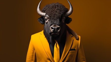 a cowboy in a suit and tie, dressed in yellow, stands alongside a man in black. this hyper-realistic animal illustration style captures bold fashion photography with an ironic twist. the dark yellow and dark orange tones add a pop-culture-infused touch to these minimalistic portraits, reminiscent of taxidermy. ai generatedの素材