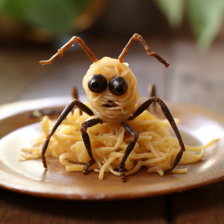a quirky and cute spider made out of noodles sits on a plate, surrounded by green leaves. the spider is crafted in a unique style, resembling yellow and brown cheese. this creative dish is inspired by the creepypasta genre and the angura kei aesthetic. the high-definition image captures all the intricate details of this fascinating culinary creation. ai generatedの素材