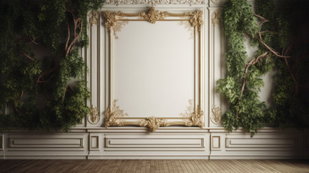 an ornamented wall with plants surrounding the frame, showcasing a photorealistic rendering in the style of light beige and gold. the intricate details and rococo elegance of the frame highlight the eco-friendly craftsmanship. this spectacular backdrop, reminiscent of the american barbizon school, is captured in high quality, making it a visually stunning photo. ai generatedの素材