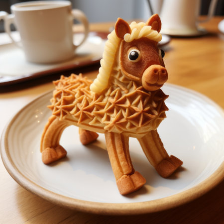 a plate featuring a horse adorned with star-shaped designs, created in the cinema4d style. this unique sculpture, reminiscent of adorable toy sculptures and tangled nests, showcases hyper-realistic animal illustrations. a perfect addition to any party kei collection, this cheese-made masterpiece is a true work of art. ai generatedの素材