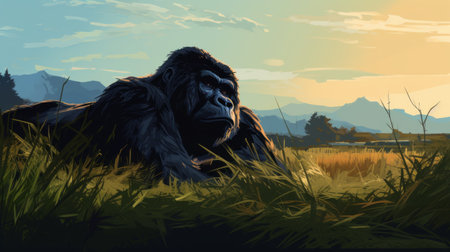 a black gorilla, depicted in the style of 2d game art, stands majestically in an empty field. this epic portrait captures the gorilla's strength and presence. the detailed hunting scenes and expansive landscapes add depth to the lively illustration. with rtx on, the bold graphic illustrations come to life, creating a visually stunning experience. ai generatedの素材