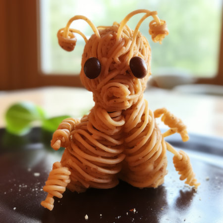 a creatively crafted piece of shredded pasta resembling imaginative creatures, made by the fauvist animator in a neogeo style. this unique artwork showcases toy-like proportions and draws inspiration from insects, larme kei fashion, and furaffinity. ai generatedの素材