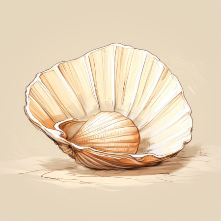 a seashell shell is showcased on a beige background, resembling sketchy caricatures. the artwork features realistic use of light and color, with a kimoicore style. the shell is rounded and made of natural materials, while the detailed character illustrations exhibit free brushwork. ai generatedの素材
