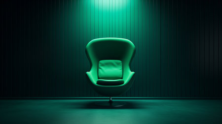 green chair in a minimalist, retro-futuristic room with realistic chiaroscuro lighting. the bold and playful design is inspired by luxurious advertisements from the 1970s to the present. ai generatedの素材