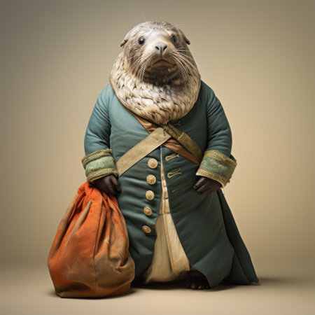 a 3d model of a seal with a bag sitting on the floor, showcasing a stylish costume design inspired by 18th-century troubadour style. this hyperrealistic wildlife portrait captures the essence of candid shots of famous figures, while incorporating brushwork exploration. perfect for editorial illustrations seeking a unique and visually striking concept. ai generatedの素材