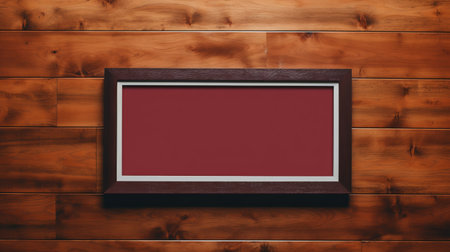 a horizontal frame with a sleek and modern design is showcased in this minimal-style frame mockup image. the frame, in a soothing crimson color, is placed on a wooden table, creating a visually appealing contrast. ai generatedの素材