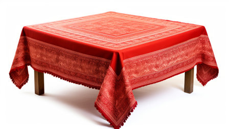 a red tablecloth with an embroidered pattern, reminiscent of the style of frederick arthur bridgman, is showcased in this photo. the tablecloth is made of poured resin by sebastian errazuriz, featuring a subtle tonal range. majestic elephants, inspired by khmer art, adorn the cloth with delicate and intricate details. ai generatedの素材