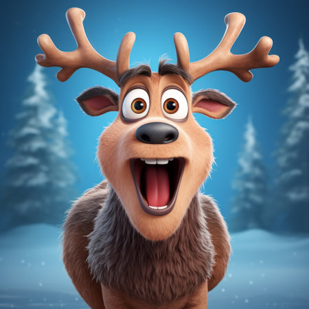 a photo featuring an animated santa claus surrounded by reindeer on a snowy background. this artwork, created in the style of mike campau, showcases characterful animal portraits reminiscent of kevin hill and antti lovag. the cartoonish character design and energetic expressions bring the scene to life, while the realistic hyper-detailed rendering adds depth and intricacy. ai generatedの素材