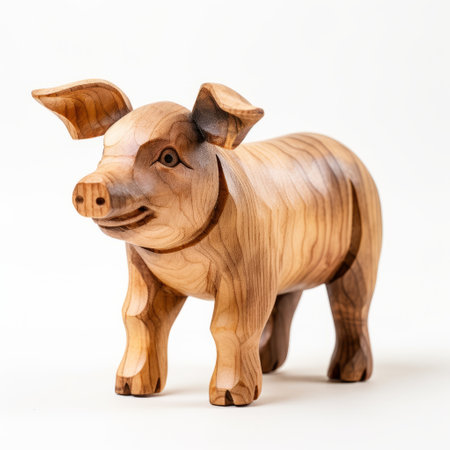 a wooden pig, inspired by the american studio craft movement, is showcased on a clean white background. the pig exhibits smooth lines and polished craftsmanship, reflecting the attention to detail characteristic of this artistic style. this unique piece of art, reminiscent of germanic art and carved animal figures, was captured using a nikon af600 camera, resulting in a captivating image. ai generatedの素材