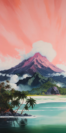a stunning anime-influenced painting by david michael bowers and takasaki masaharu, featuring a majestic mountain rising from the sea. the artwork showcases vibrant palm trees in the background, creating a serene and tropical atmosphere. with soft gradients and executed on a large-scale canvas, this piece captures the essence of nature's beauty. jeff danziger's artistic touch adds depth and uniqueness to this infrared-inspired masterpiece. ai generatedの素材