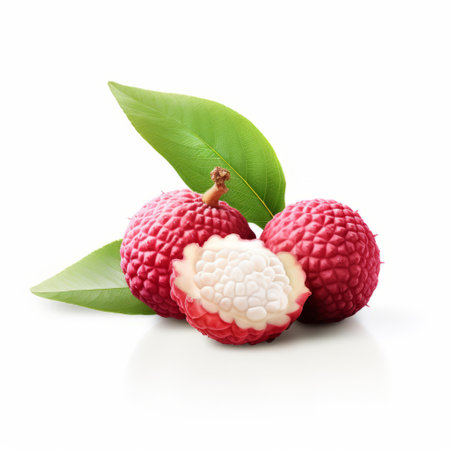four lychee fruit are showcased in this photo, cut open to reveal their juicy flesh. against a clean white background, the vibrant light crimson and white colors of the lychee stand out. the composition is inspired by nature and incorporates elements of japanese influence. the image is captured with exacting precision using the dazecore technique and the film used is the ferrania p30, resulting inの素材