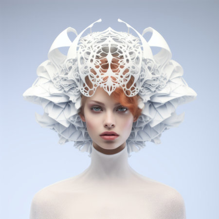 a 3d illustration featuring a girl with a head adorned with intricate lace, showcasing a fusion of organic and geometric elements. this artwork, inspired by the dusseldorf school of photography, combines the elegance of porcelain, elaborate costumes, and constructivist influences. the color palette includes shades of white, orange, dark white, and light azure. ai generatedの素材