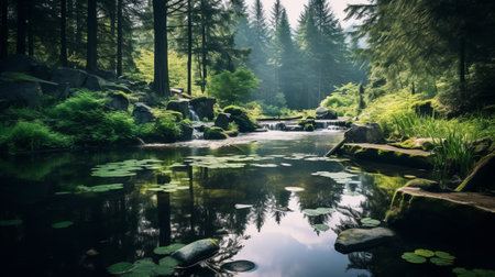 a serene river flows through a lush forest, surrounded by majestic mountains. this captivating photograph, inspired by the dusseldorf school of photography, exudes a soft and dreamy atmosphere. the reflections and mirroring add to the enchanting ambiance. captured with a canon eos 5d mark iv, this image beautifully depicts the naturalistic flora and fauna, showcasing a realistic rendering and nature-inspired motifs. ai generatedの素材
