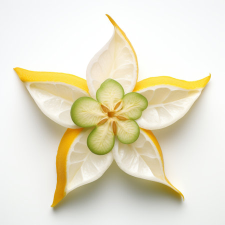 the white art piece, created by david burdeny in the style of elaborate fruit arrangements, features a unique shape. this creative commons attribution showcases yellow hues and incorporates leaf patterns, inspired by the works of terada katsuya and marguerite blasingame. ai generatedの素材
