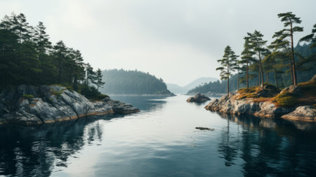 a serene and introspective aesthetic is captured in this 8k photograph of a large lake nestled in a landscape adorned with trees and rocks. the captivating harbor views and atmospheric woodland imagery create a nature-inspired scene reminiscent of serene oceanic vistas. this schlieren photography showcases the beauty of the surroundings, offering a calming and captivating visual experience. ai generatedの素材