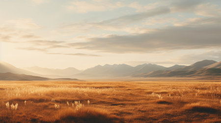 a serene landscape featuring a picturesque area of yellow grass nestled amidst majestic mountains. the image showcases soft and dreamy tones, with tonalist skies adding to its ethereal beauty. this uhd photograph captures delicately rendered landscapes, with hints of light crimson and brown. the monochromatic imagery evokes a sense of nostalgia, reminiscent of the farm security administration aesthetics. ai generatedの素材