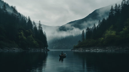 a man stands on a small boat in the middle of a lake, surrounded by dark and moody landscapes. the mountainous vistas and atmospheric woodland imagery create a captivating scene. this stunning photograph, captured by michael shainblum, showcases a color palette of dark teal and gray. the high resolution of 8k allows for an incredibly detailed and beautiful viewing experience. ai generatedの素材
