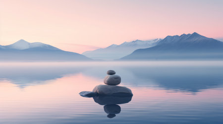 a group of stones sits on the calm water of a lake, with majestic mountains in the background. the photo, captured by janek sedlar, showcases a layered and atmospheric landscape in a light pink and cyan color palette. the image evokes a sense of calmness and meditation, with a touch of romantic emotivity. the high-resolution photograph beautifully portrays balance and harmony in nature. ai generatedの素材