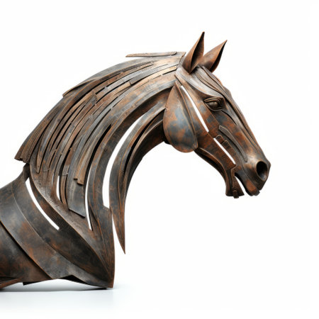 a bronze sculpture of a horse's head, showcasing the intricate details and layered compositions of hopi art. the sculpture features a technological design with high resolution, capturing the streamlined forms and rusty debris, characteristic of metal compositions. ai generatedの素材