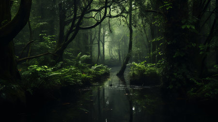 a dark wooded river flows through the forest, showcasing mystical creatures and landscapes. the photo captures an atmospheric and moody lighting, reminiscent of sumatraism. this national geographic photo showcases the beauty of the australian landscape, where metropolis meets nature. ai generatedの素材