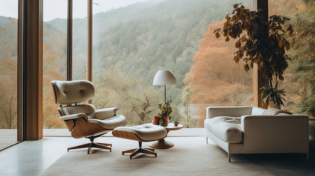 white living room chair with green pillows, offering a scenic view of mountains through the window. inspired by the iconic style of ray eames, this chair features a light brown and orange color scheme. the atmosphere is reminiscent of woodland imagery and japanese-style landscapes. a touch of bjarke ingels' influence can be seen in this monochromatic masterpiece, creating a luxurious ambiance. ai generatedの素材