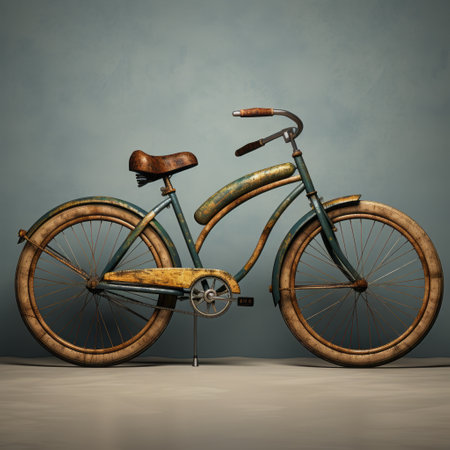 an older bike stands gracefully in front of a weathered brown wall, creating a nostalgic scene. this realistic and hyper-detailed rendering captures the essence of retro vintage aesthetics. the artwork, inspired by the style of vladimir kush, showcases impeccable hard surface modeling. the color palette of brown and blue evokes a sense of warmth and tranquility, while the dark green and yellow accents add depth.の素材