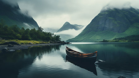 a little boat rests on the serene shore of a tranquil lake in the firth, showcasing the captivating beauty of norwegian nature. this hazy, romantic scene evokes a sense of epic fantasy, with its mountainous vistas and ethereal, grandiloquent landscapes. the dark emerald and brown tones add to the enchanting ambiance of this captivating image. ai generatedの素材